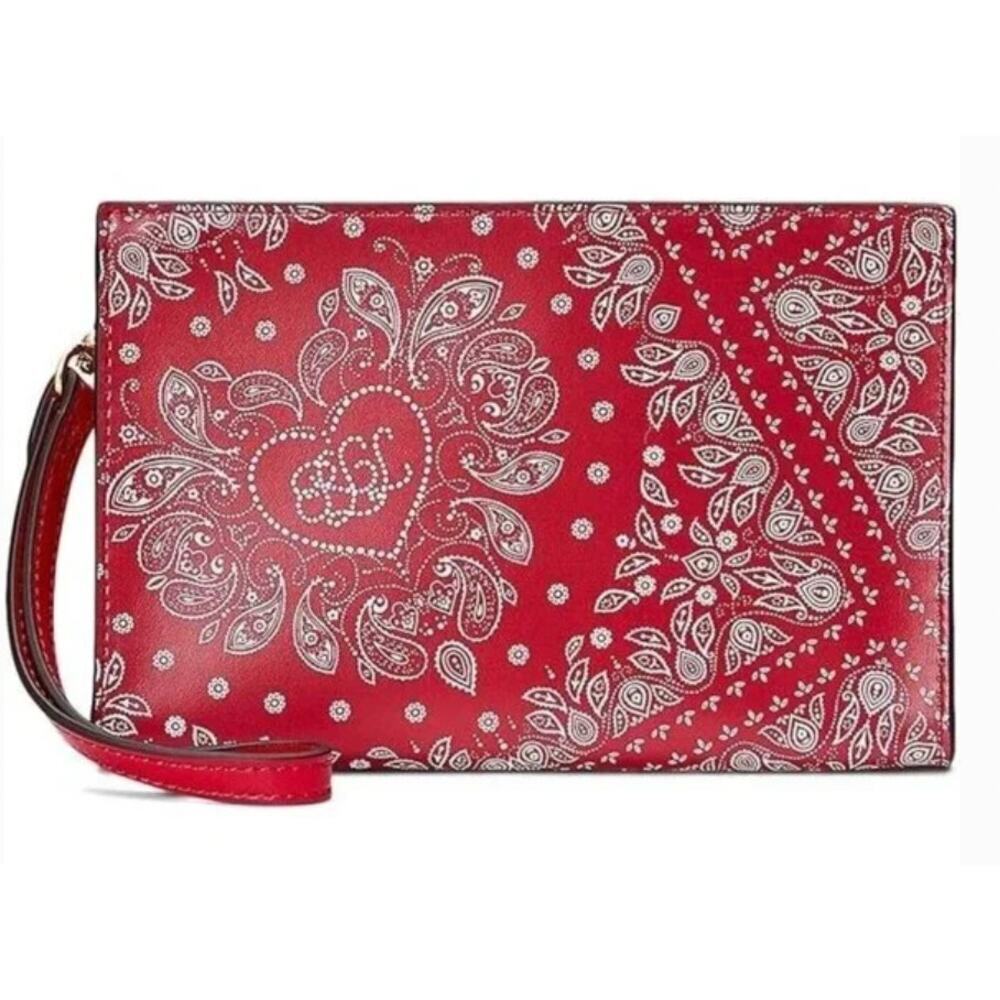 LAUREN Ralph Lauren Floral Bandana Zip Leather Wristlet Red NEW